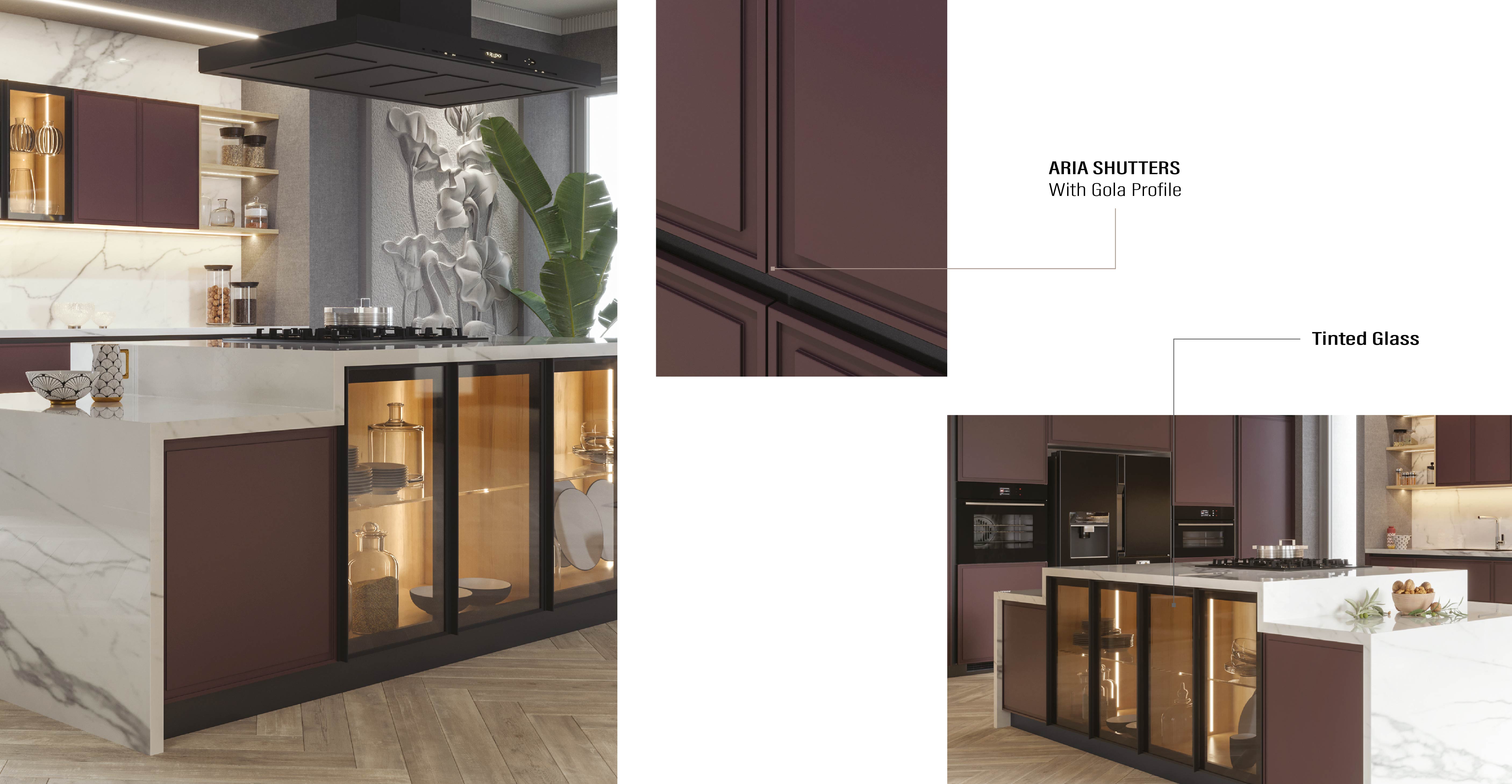 Aria Modern Classical Kitchen | Sophisticated Plum & Glass Design